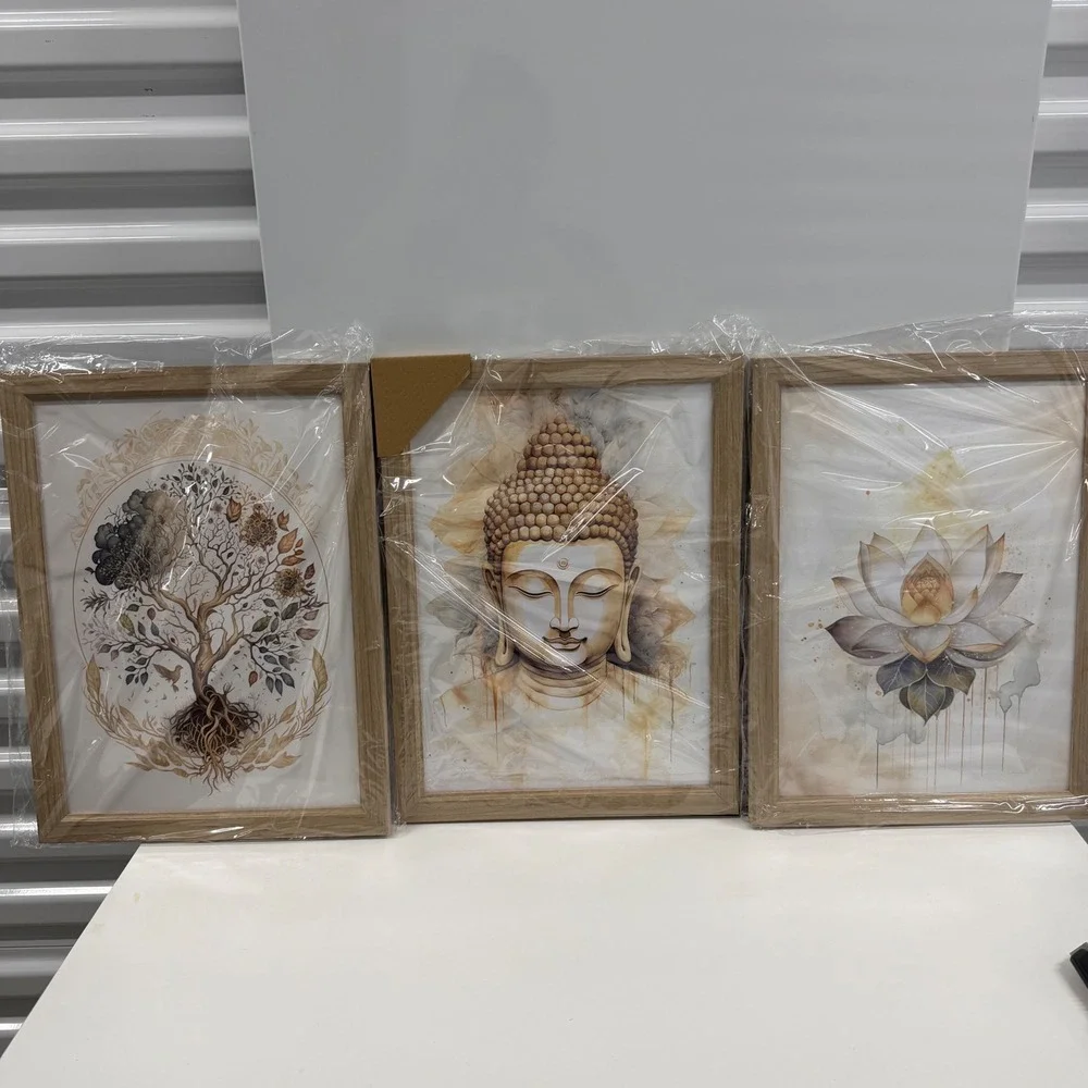 Set 3 Zen Buddha Lotus Tree of Life Framed Canvas Wall Art Gold Beige 12x16